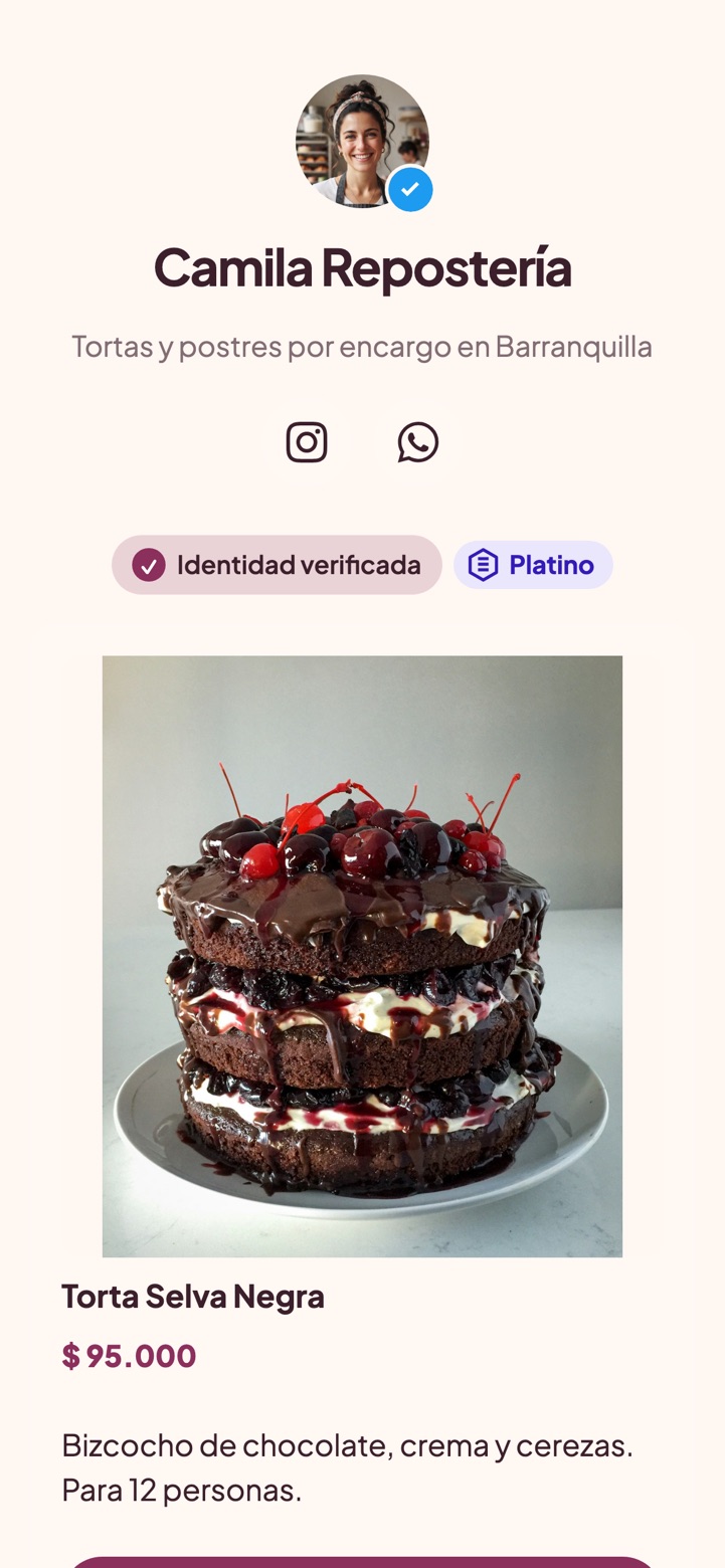 La página de Camila Repostería con su logo, el sello y la Torta Selva Negra a $95.000